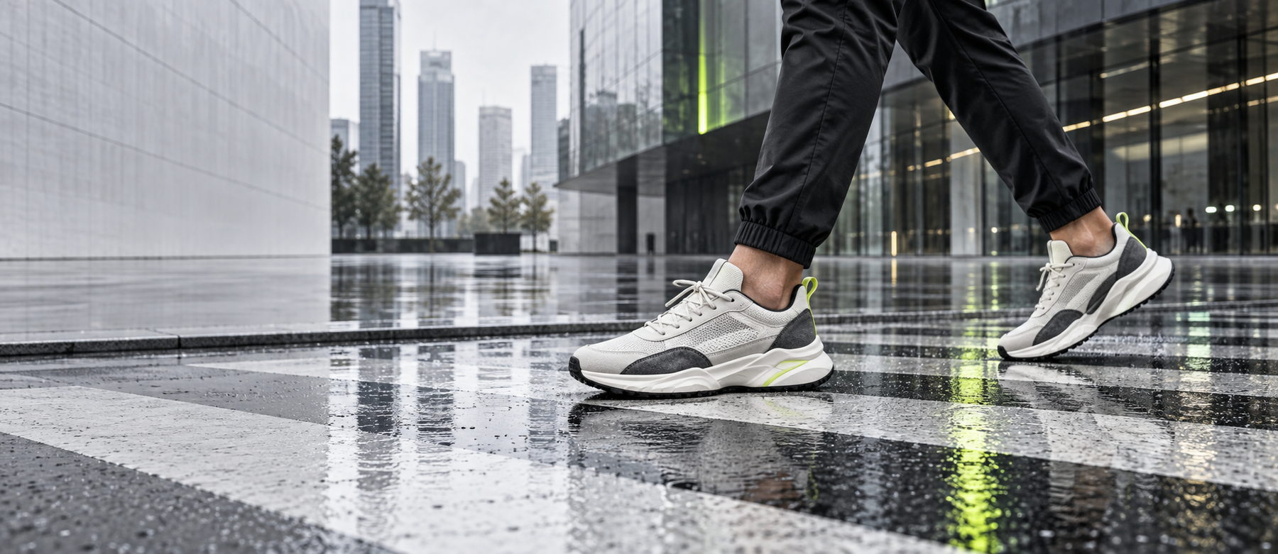 A person walking across a wet city crossing in pale SOLEVA sneakers