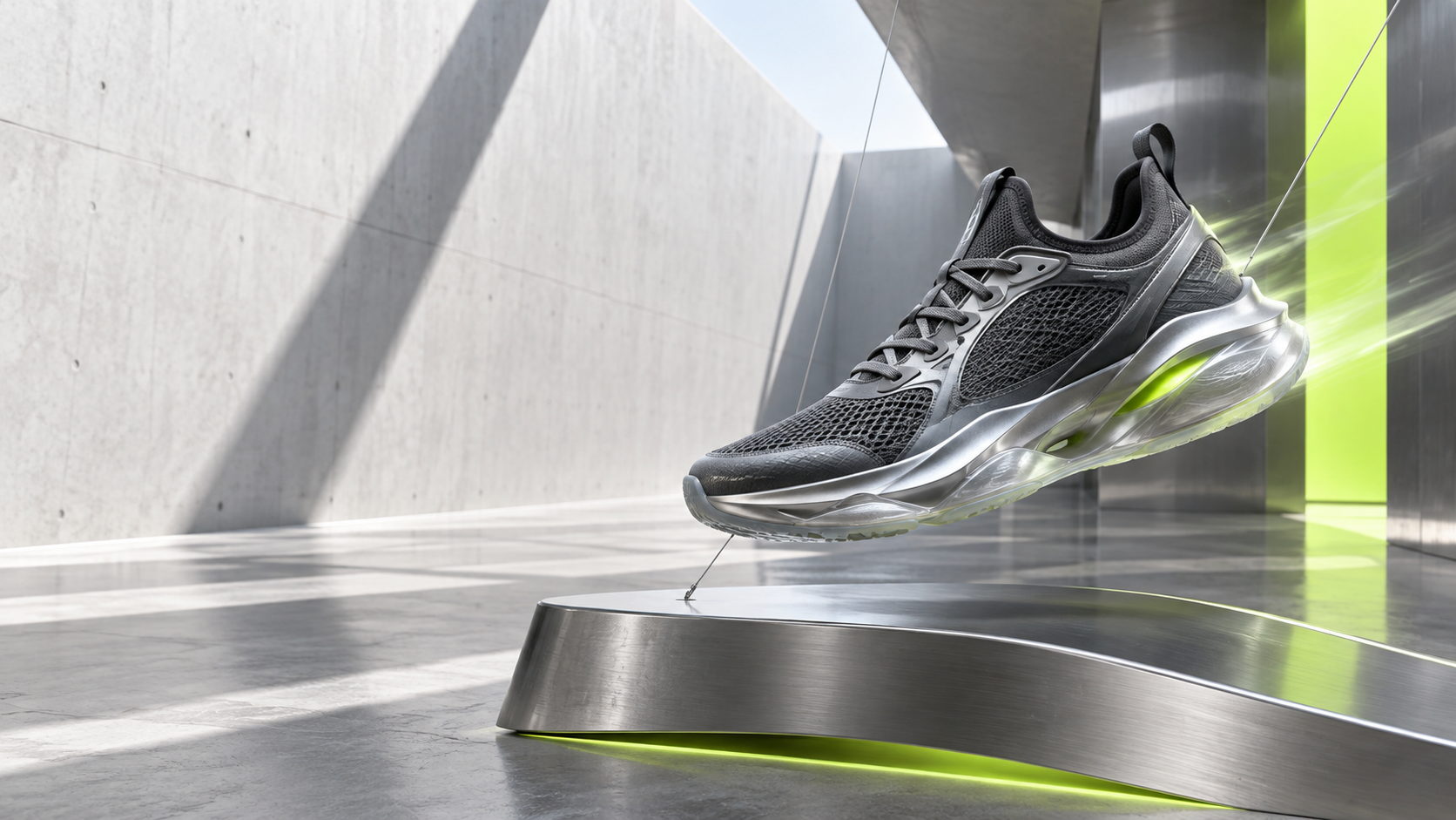 A SOLEVA running shoe suspended above a brushed steel plinth in a concrete courtyard